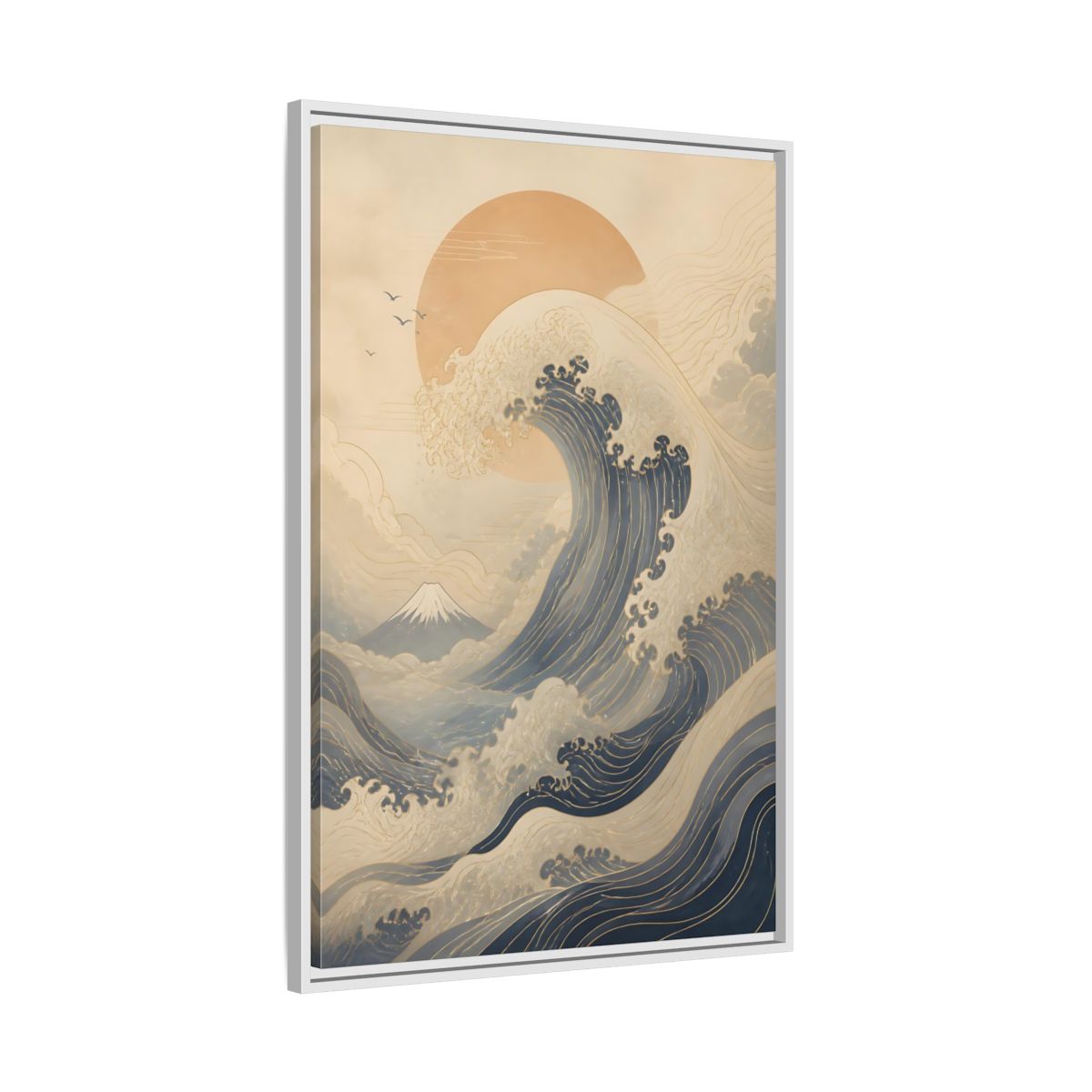 Side Mockup 9. Nature Ocean Wave Blue And Gold Wave shown as stretched canvas wall art