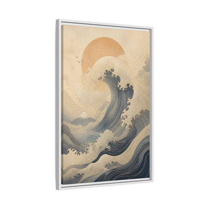 Nature Ocean Wave Blue and Gold Framed Canvas Wall Art - Modern Living Room, Above Couch shown as canvas wall art