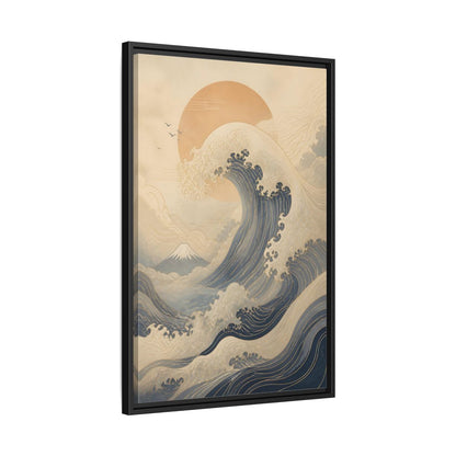 Nature Ocean Wave Blue and Gold Framed Canvas Wall Art - Modern Living Room, Above Couch shown as canvas wall art