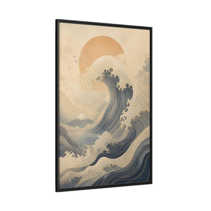 Nature Ocean Wave Blue and Gold Framed Canvas Wall Art - Modern Living Room, Above Couch shown as canvas wall art