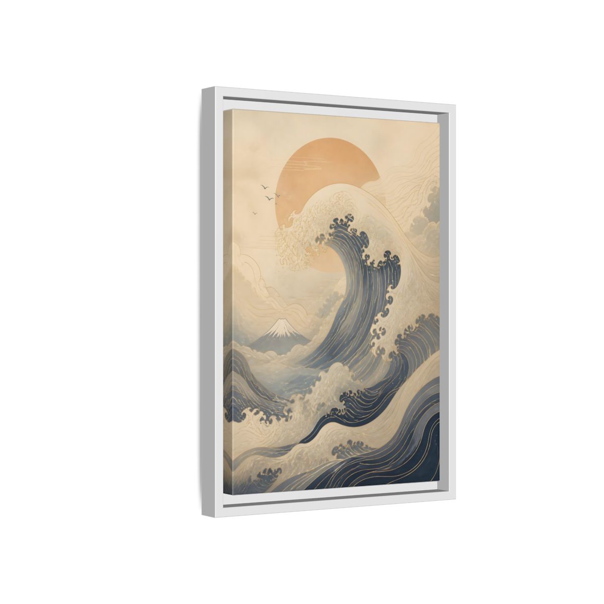 Side Mockup 4. Nature Ocean Wave Blue And Gold Wave shown as stretched canvas wall art