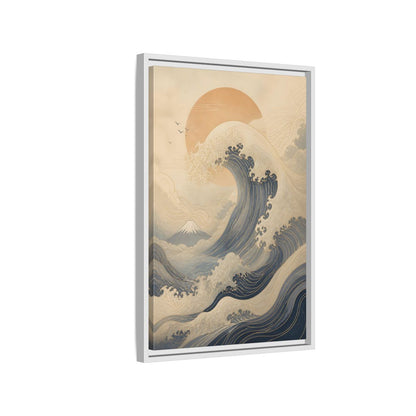 Nature Ocean Wave Blue and Gold Framed Canvas Wall Art - Modern Living Room, Above Couch shown as canvas wall art