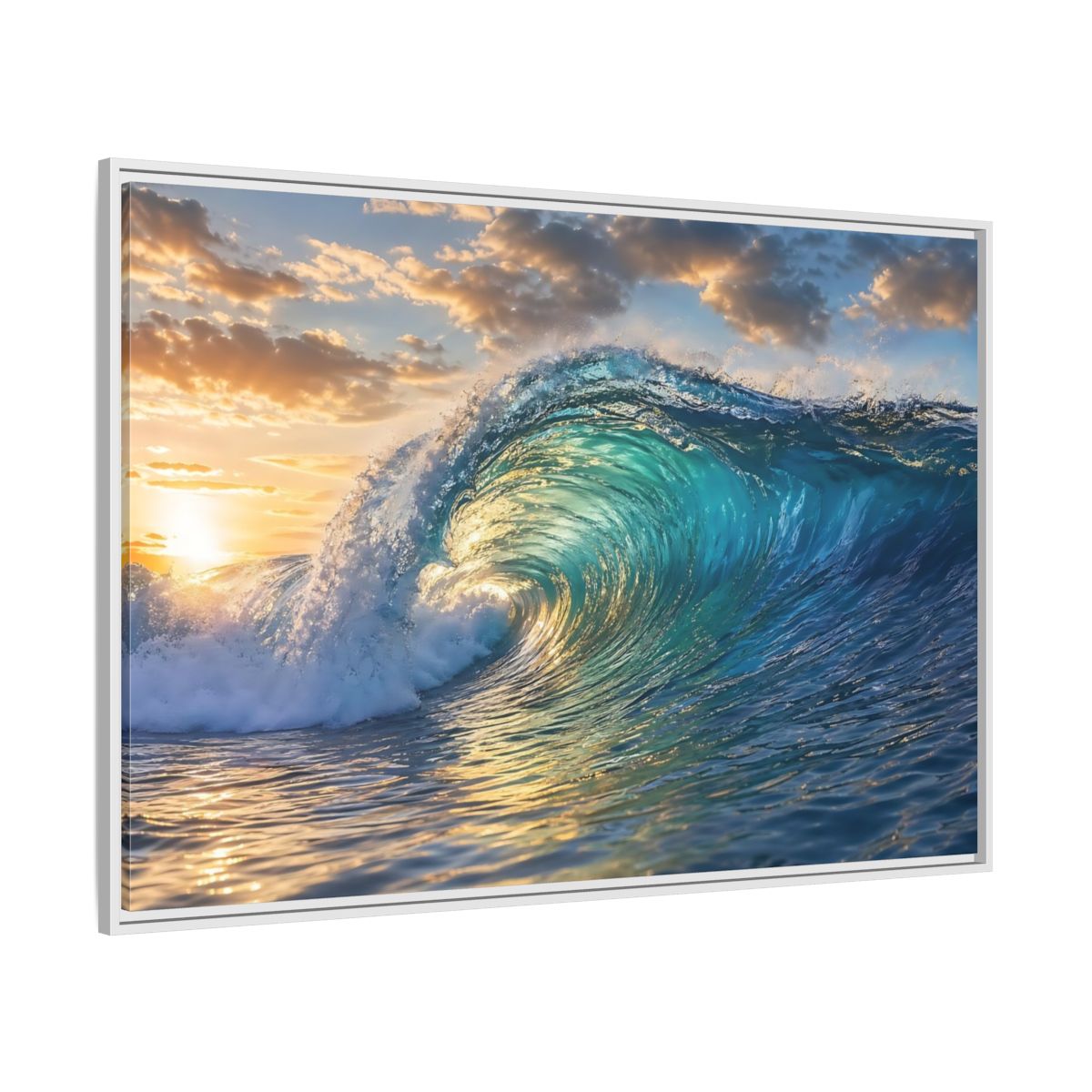 Side Mockup 7. Nature Ocean Wave Blue And Gold Wave shown as stretched canvas wall art