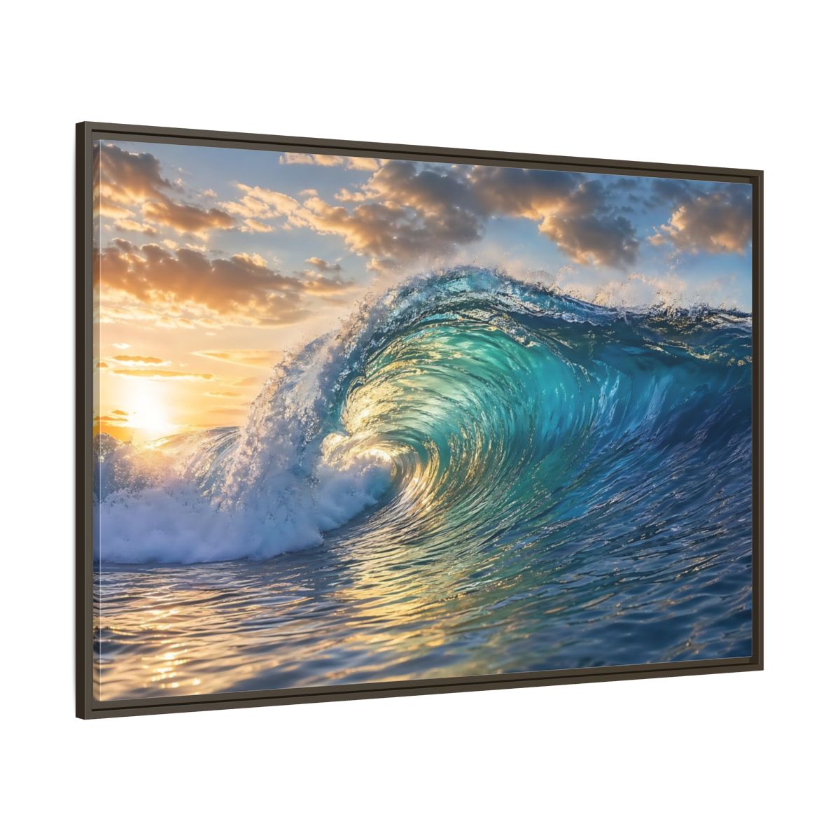 Side Mockup 8. Nature Ocean Wave Blue And Gold Wave shown as stretched canvas wall art