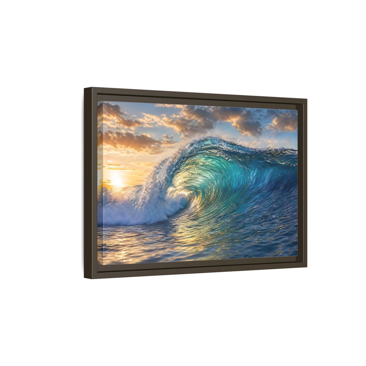 Side Mockup 5. Nature Ocean Wave Blue And Gold Wave shown as stretched canvas wall art
