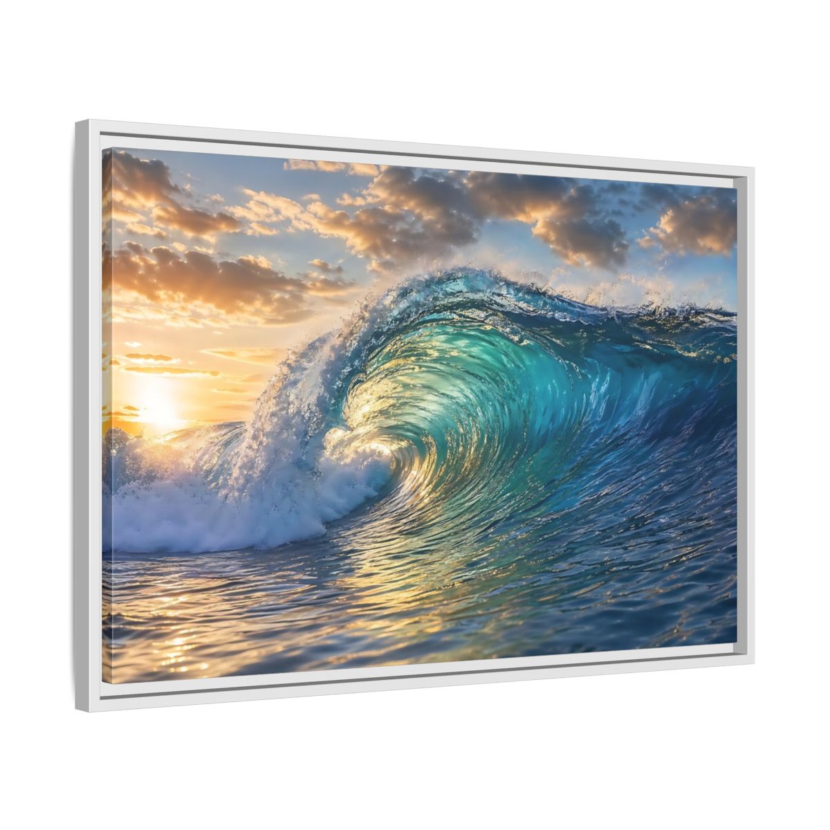 Side Mockup 10. Nature Ocean Wave Blue And Gold Wave shown as stretched canvas wall art