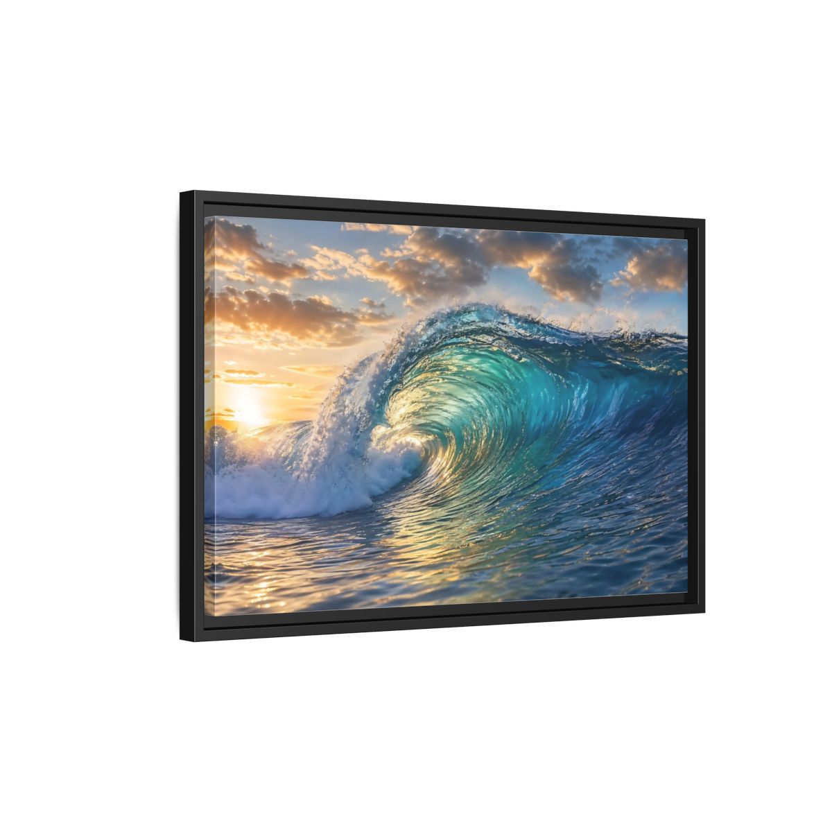 Side Mockup 3. Nature Ocean Wave Blue And Gold Wave shown as stretched canvas wall art