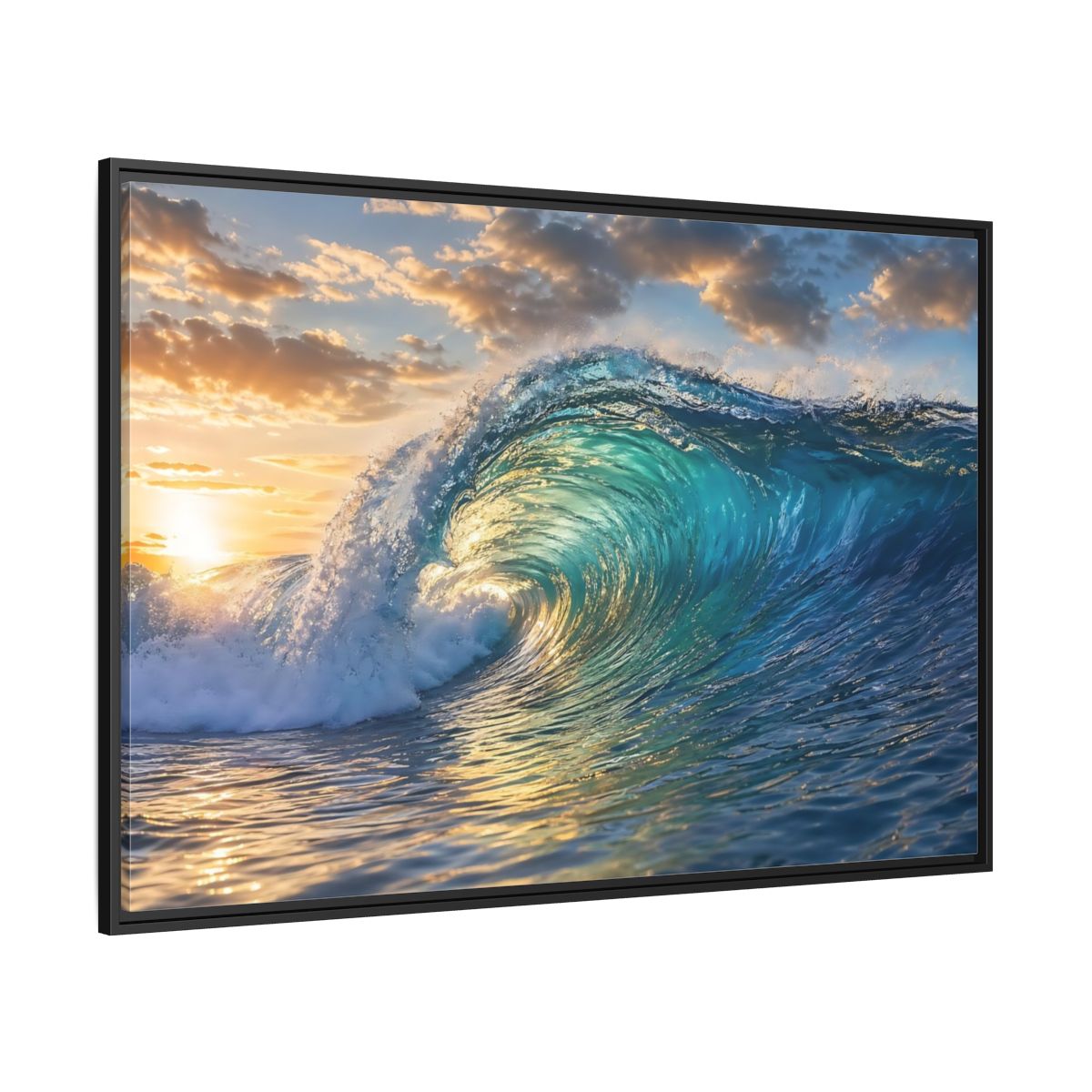 Side Mockup 12. Nature Ocean Wave Blue And Gold Wave shown as stretched canvas wall art