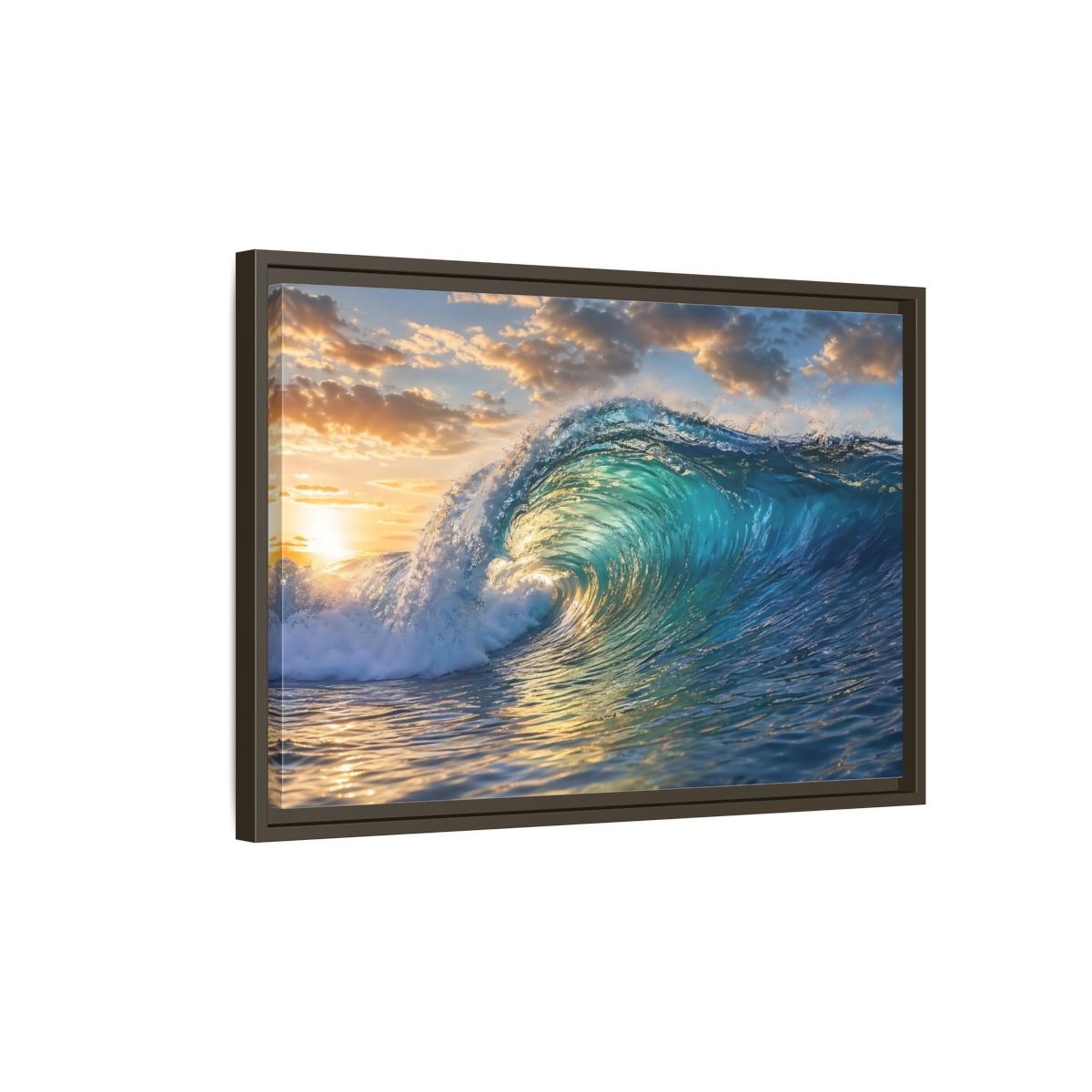 Side Mockup 2. Nature Ocean Wave Blue And Gold Wave shown as stretched canvas wall art