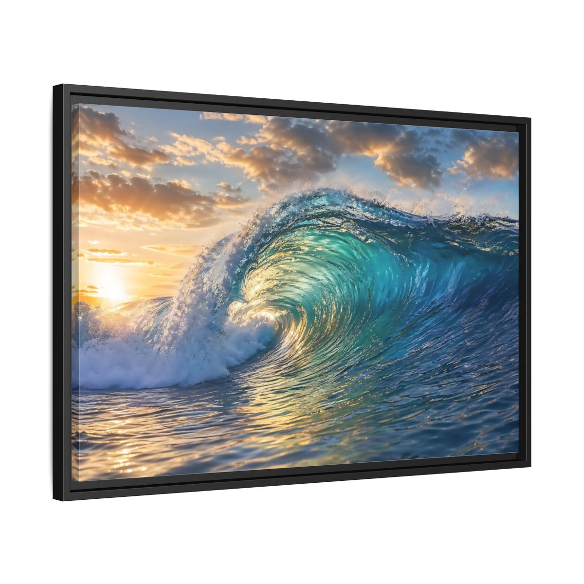 Side Mockup 14. Nature Ocean Wave Blue And Gold Wave shown as stretched canvas wall art