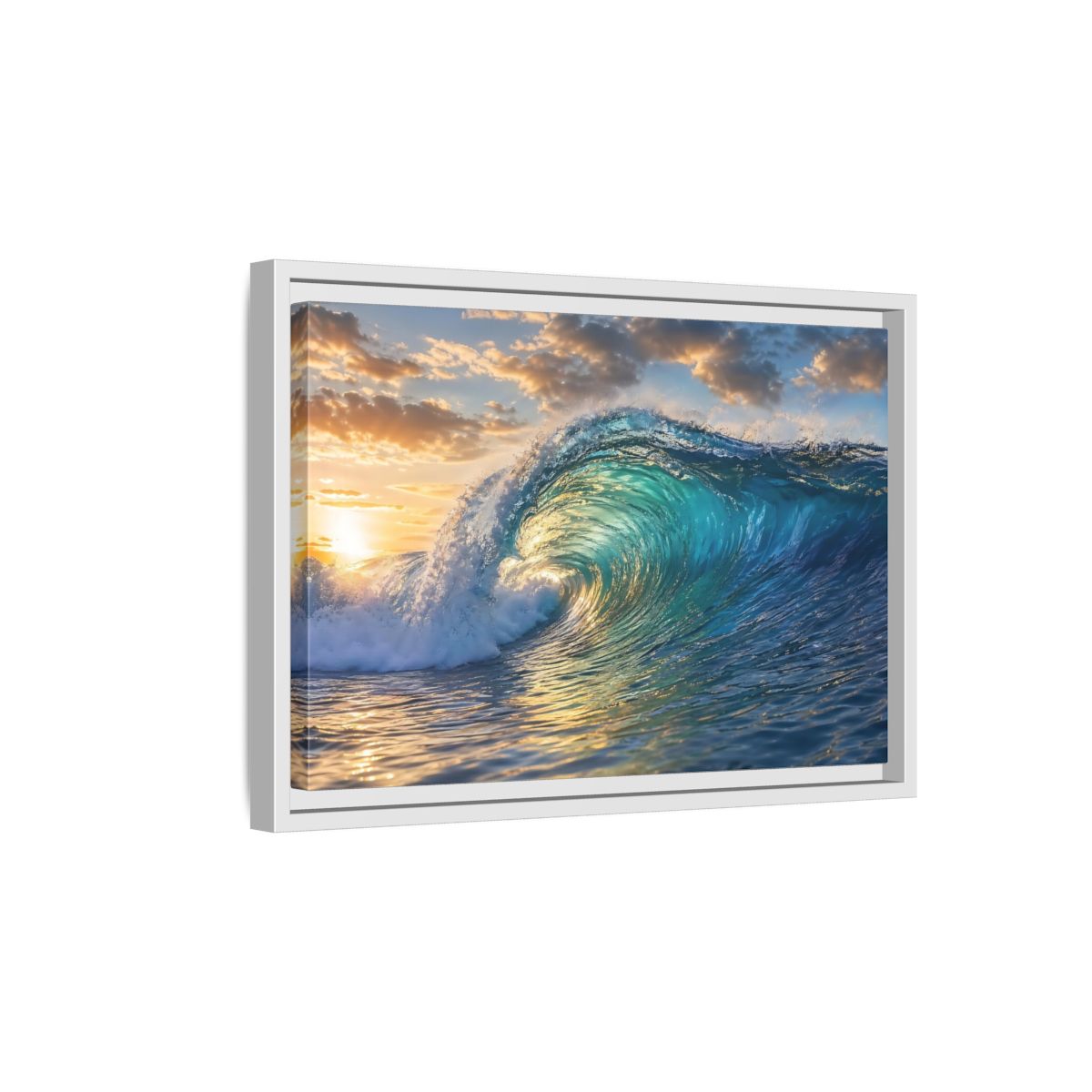 Side Mockup 4. Nature Ocean Wave Blue And Gold Wave shown as stretched canvas wall art