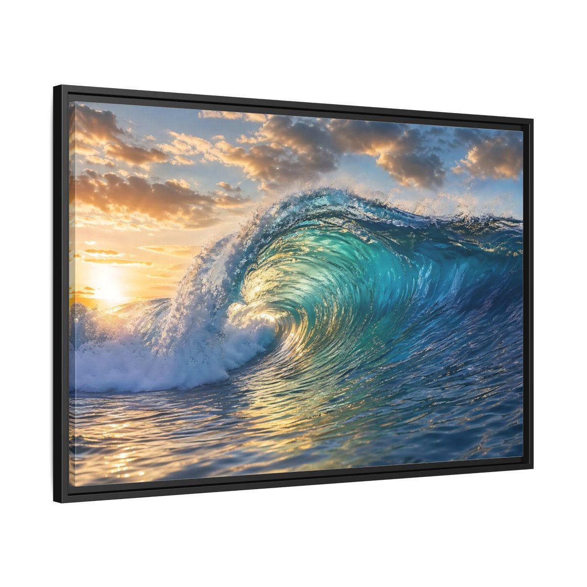 Side Mockup 13. Nature Ocean Wave Blue And Gold Wave shown as stretched canvas wall art