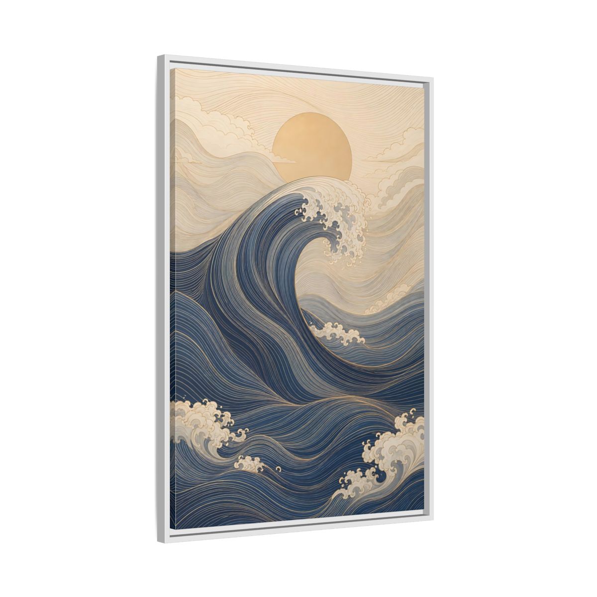 Side Mockup 9. Nature Ocean Wave Blue And Gold Wave shown as stretched canvas wall art