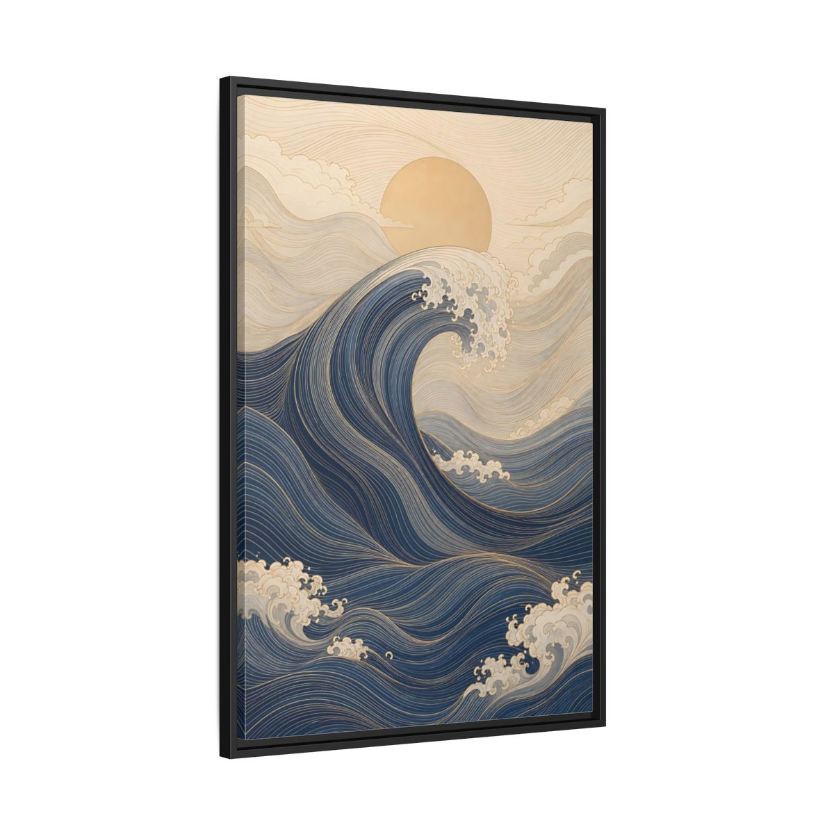 Side Mockup 13. Nature Ocean Wave Blue And Gold Wave shown as stretched canvas wall art