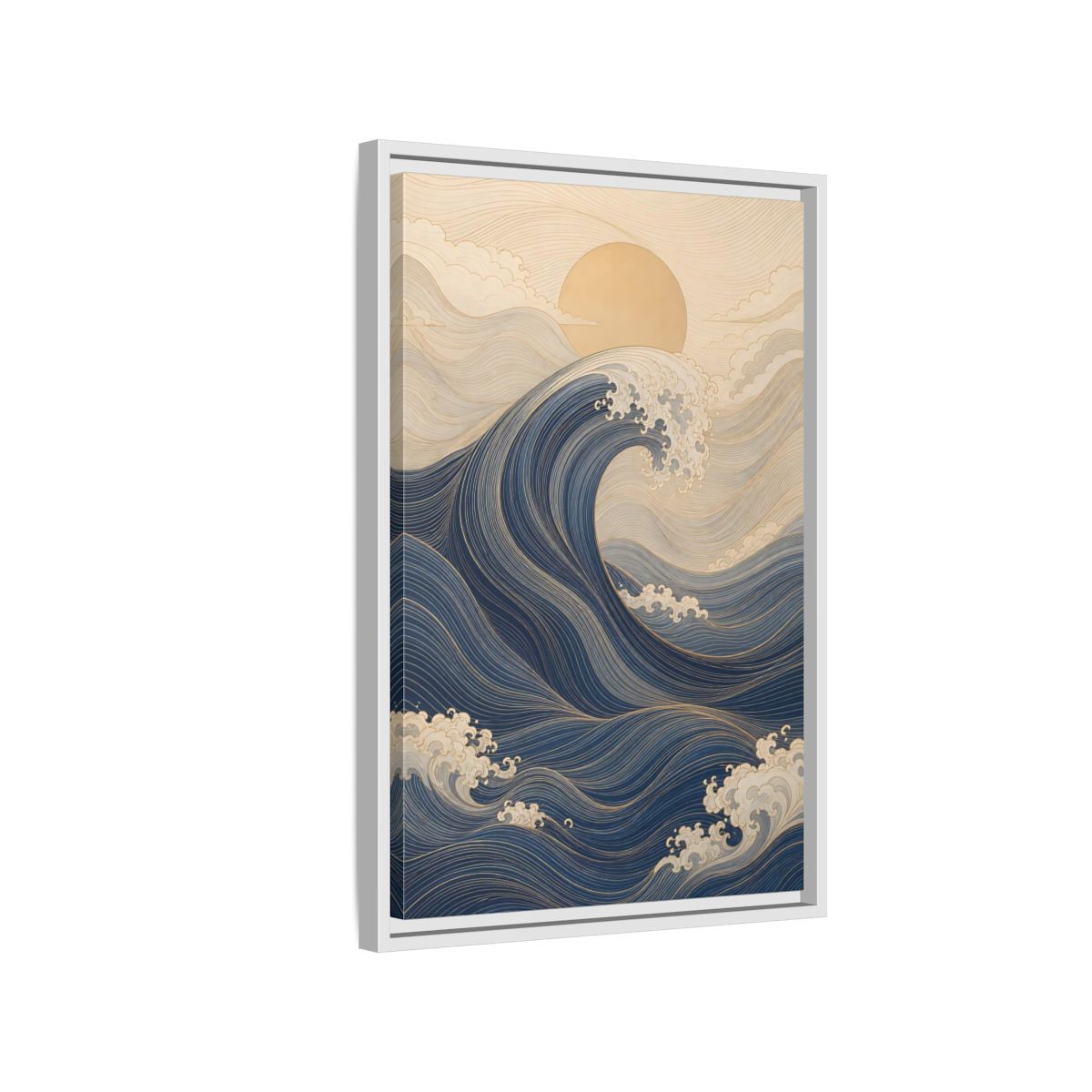 Side Mockup 1. Nature Ocean Wave Blue And Gold Wave shown as stretched canvas wall art