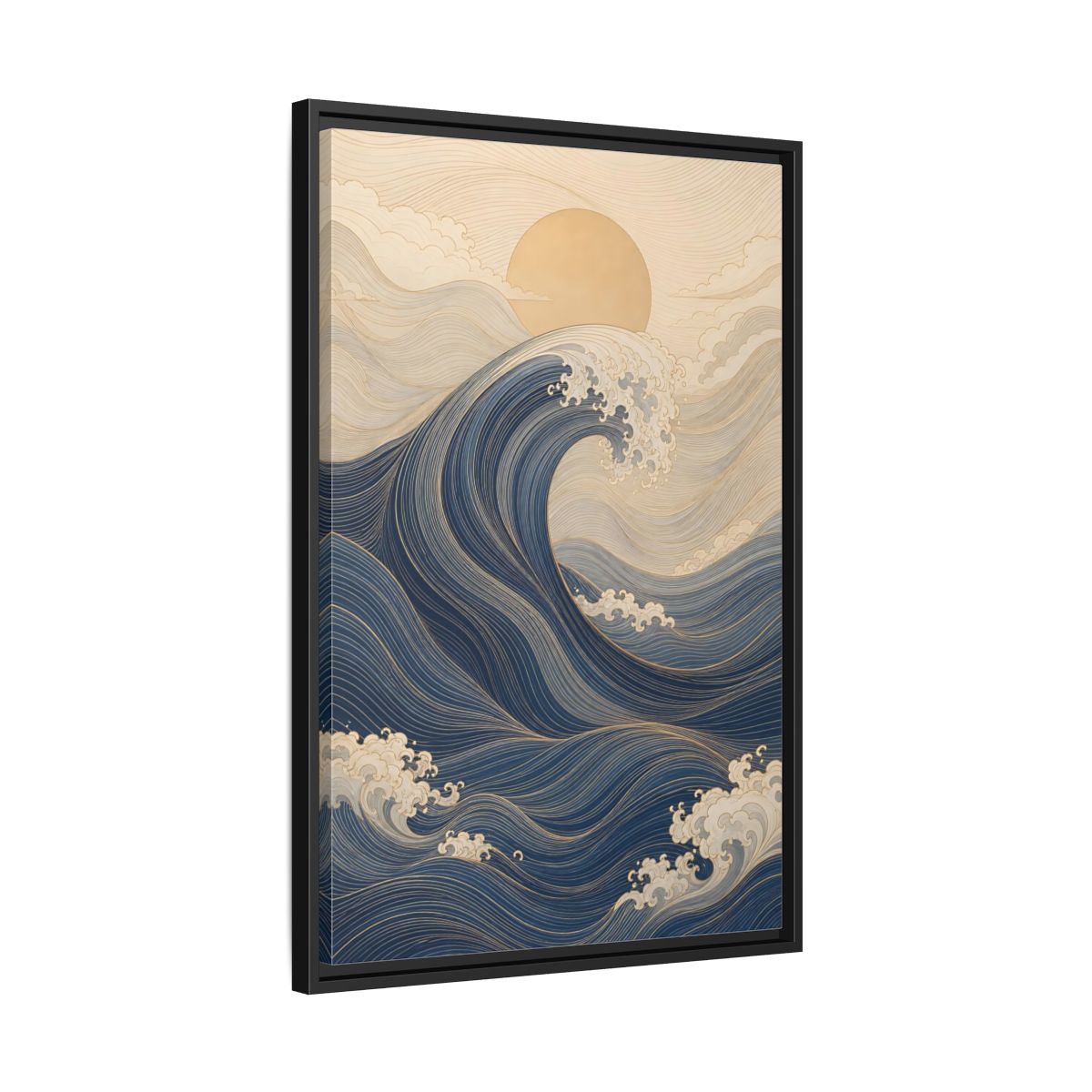 Side Mockup 14. Nature Ocean Wave Blue And Gold Wave shown as stretched canvas wall art
