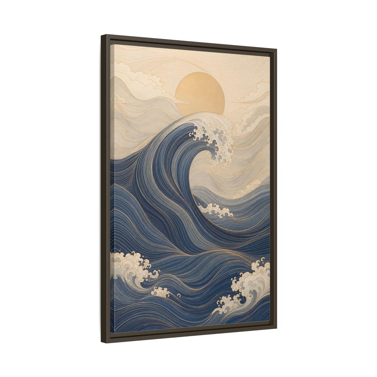 Side Mockup 11. Nature Ocean Wave Blue And Gold Wave shown as stretched canvas wall art
