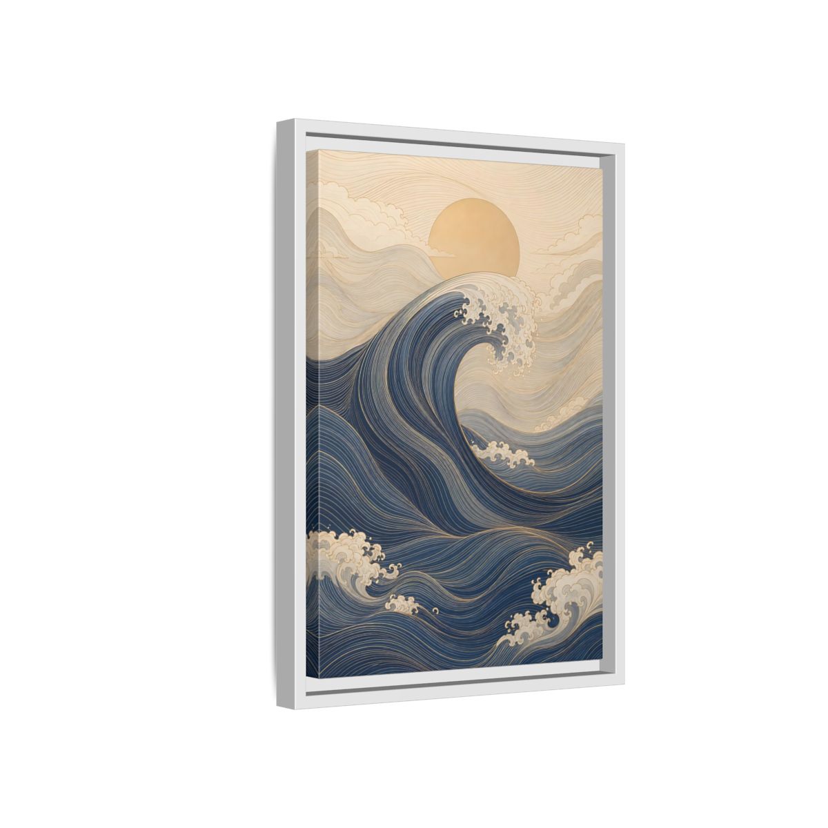 Side Mockup 4. Nature Ocean Wave Blue And Gold Wave shown as stretched canvas wall art