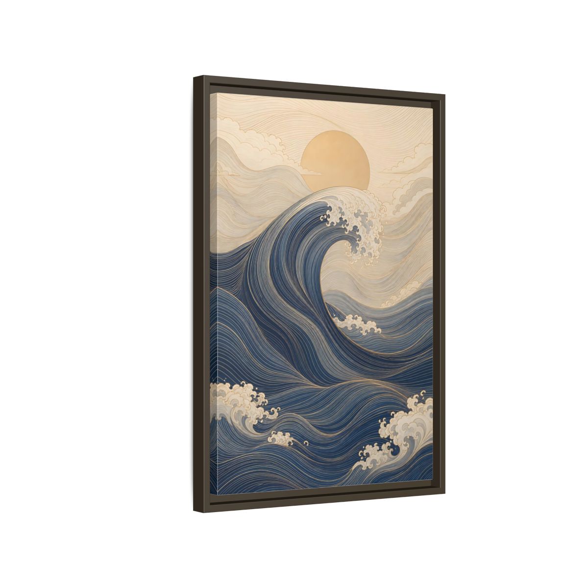 Side Mockup 2. Nature Ocean Wave Blue And Gold Wave shown as stretched canvas wall art