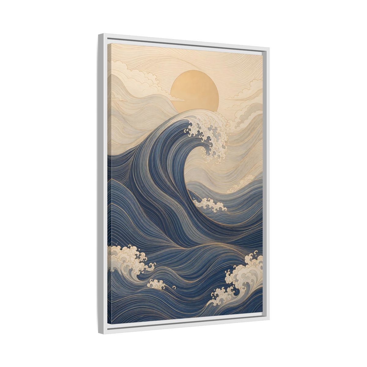 Side Mockup 10. Nature Ocean Wave Blue And Gold Wave shown as stretched canvas wall art