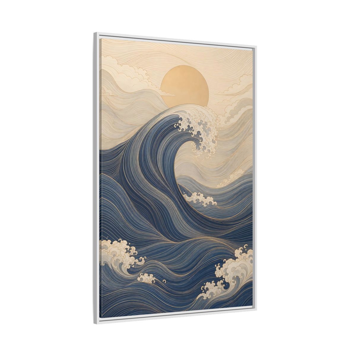 Side Mockup 7. Nature Ocean Wave Blue And Gold Wave shown as stretched canvas wall art