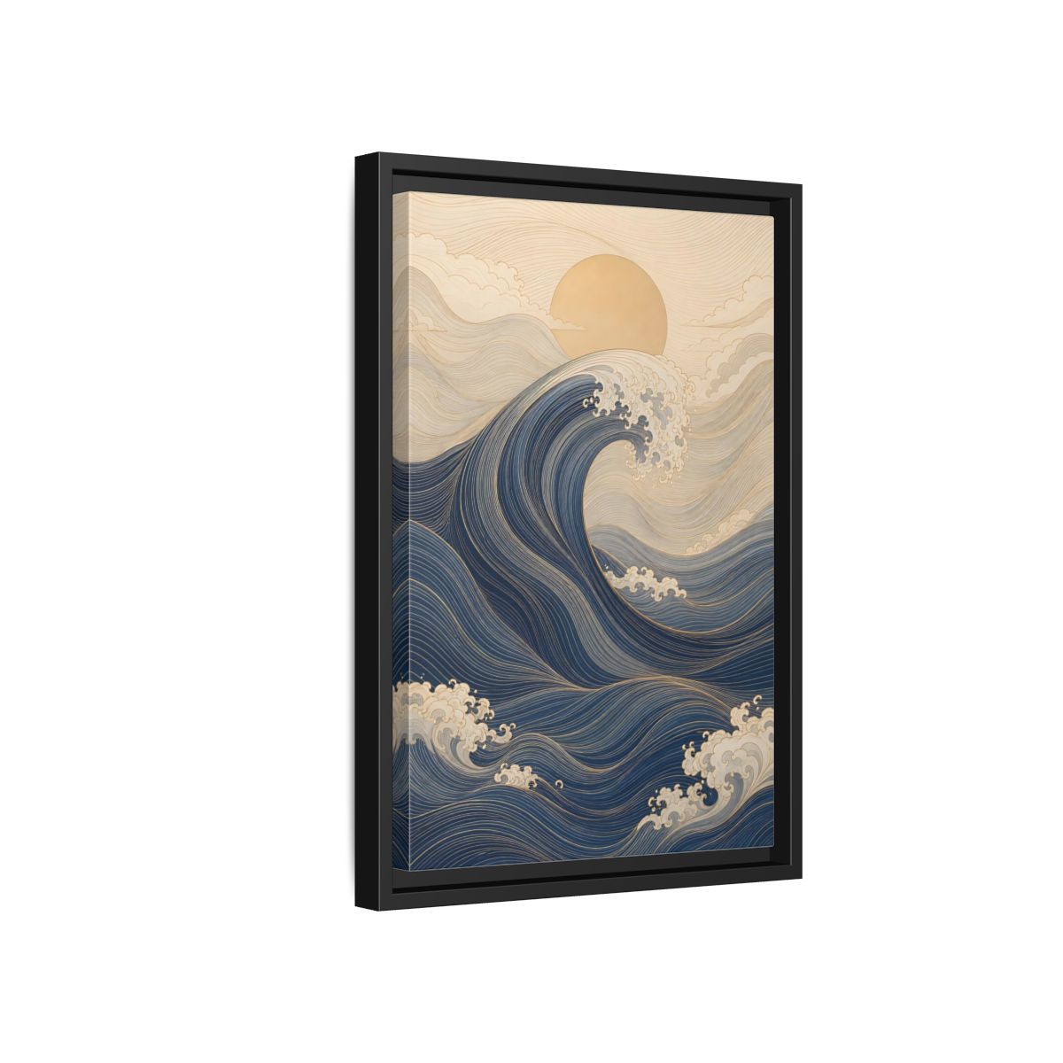 Side Mockup 6. Nature Ocean Wave Blue And Gold Wave shown as stretched canvas wall art