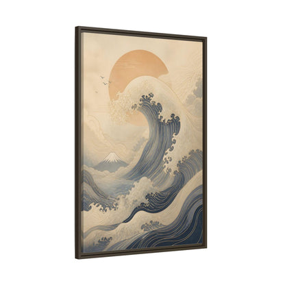 Nature Ocean Wave Blue and Gold Framed Canvas Wall Art - Modern Living Room, Above Couch shown as canvas wall art
