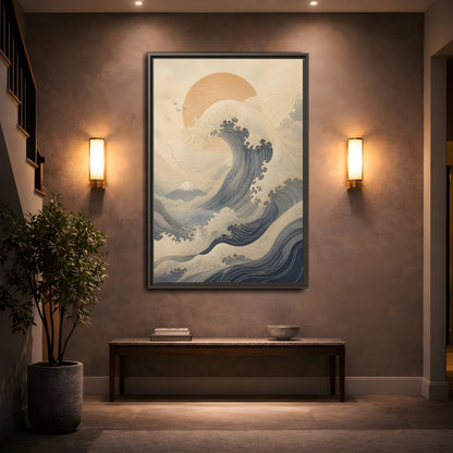 Nature Ocean Wave Blue and Gold Framed Canvas Wall Art - Modern Living Room, Above Couch shown as canvas wall art