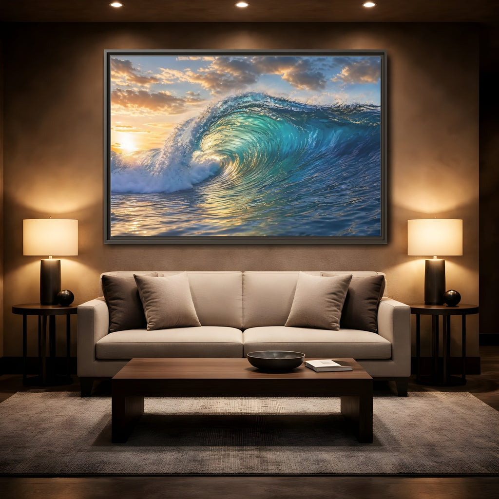 Mockup 2. Nature Ocean Wave Blue And Gold Wave shown as stretched canvas wall art