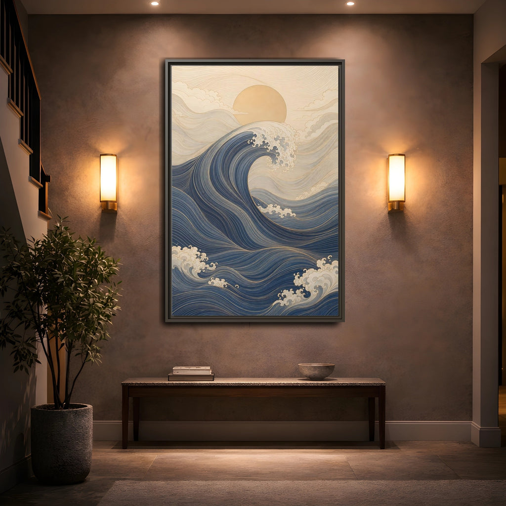 Mockup 2. Nature Ocean Wave Blue And Gold Wave shown as stretched canvas wall art
