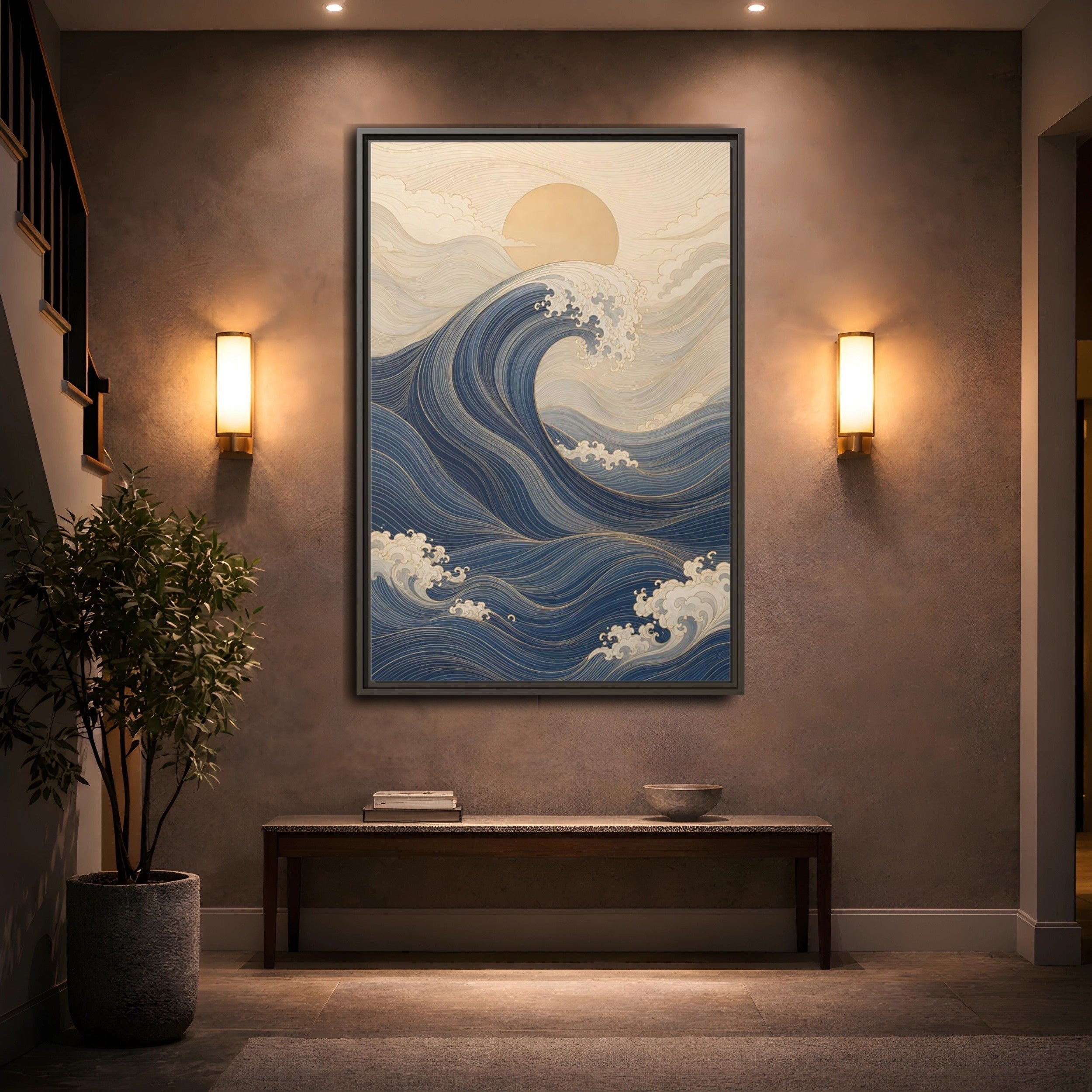 Mockup 2. Nature Ocean Wave Blue And Gold Wave shown as stretched canvas wall art