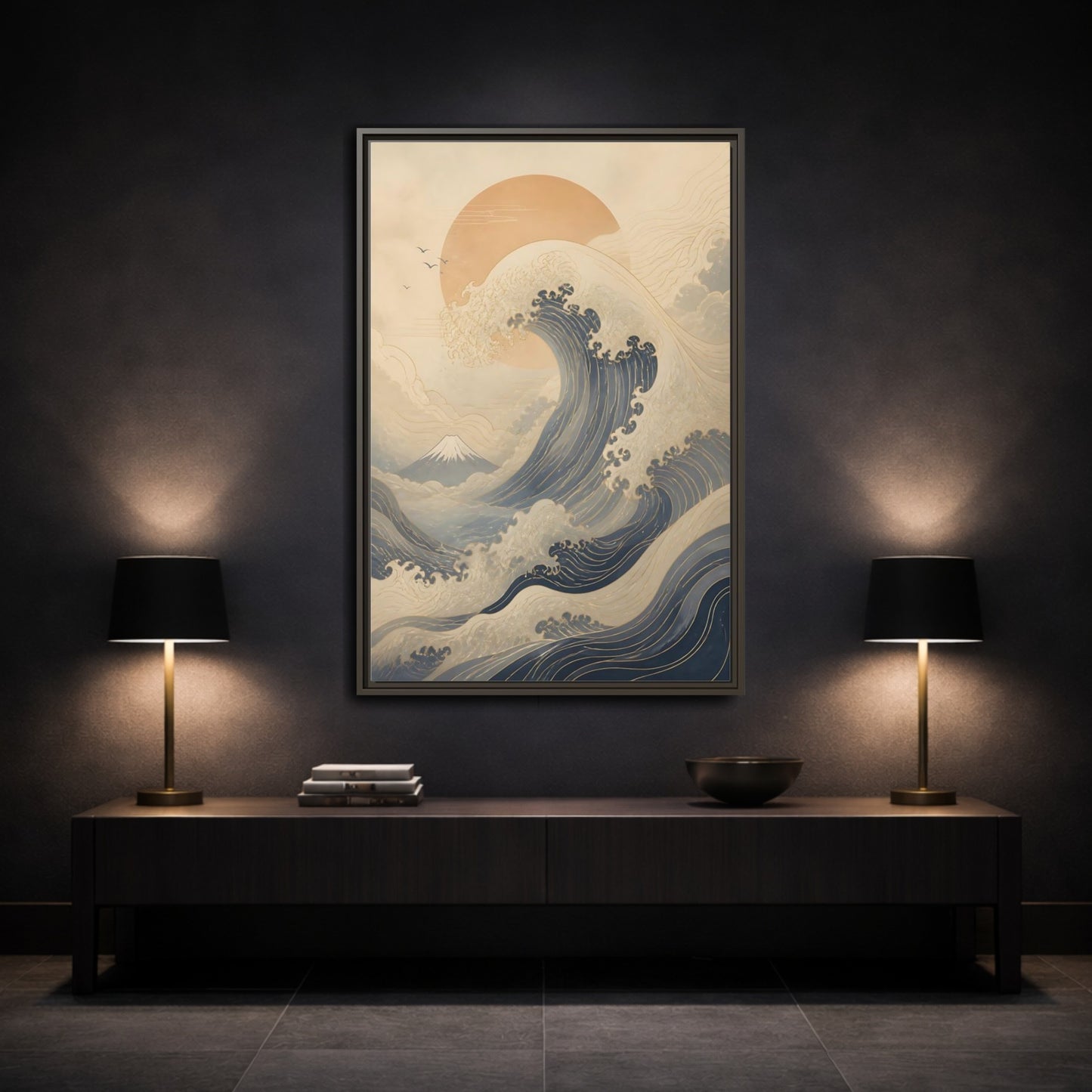 Nature Ocean Wave Blue and Gold Framed Canvas Wall Art - Modern Living Room, Above Couch shown as canvas wall art