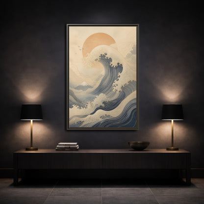 Nature Ocean Wave Blue and Gold Framed Canvas Wall Art - Modern Living Room, Above Couch shown as canvas wall art