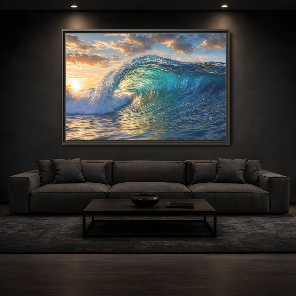 Mockup 3. Nature Ocean Wave Blue And Gold Wave shown as stretched canvas wall art