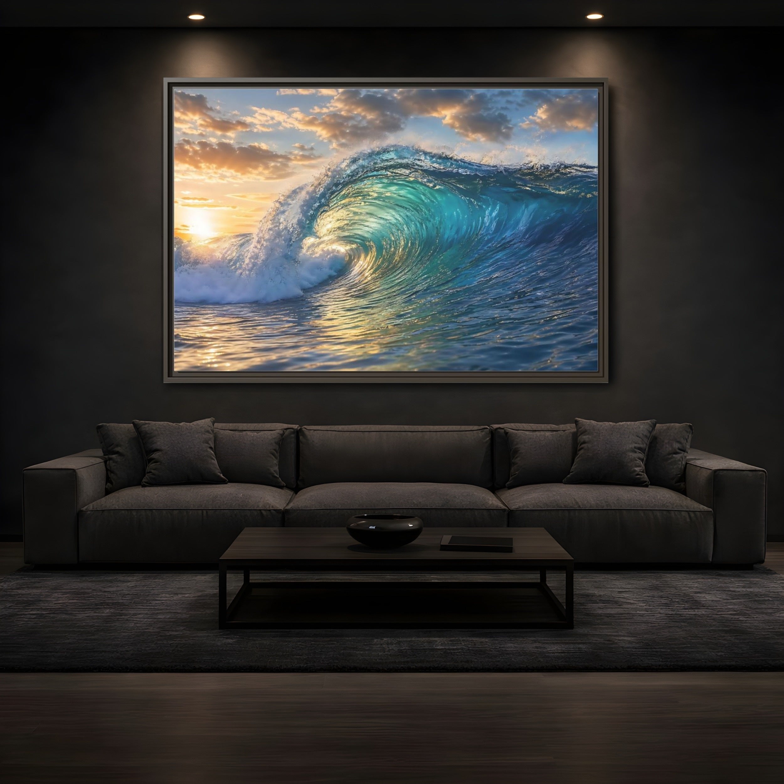 Mockup 3. Nature Ocean Wave Blue And Gold Wave shown as stretched canvas wall art