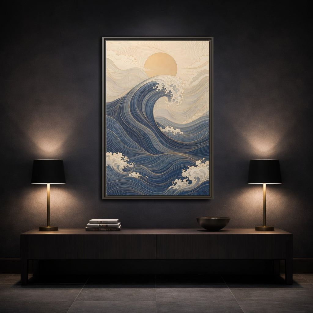 Mockup 3. Nature Ocean Wave Blue And Gold Wave shown as stretched canvas wall art