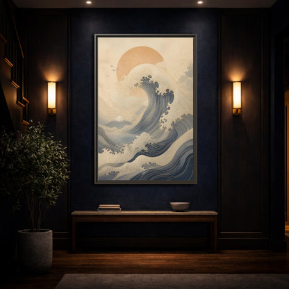 Nature Ocean Wave Blue and Gold Framed Canvas Wall Art - Modern Living Room, Above Couch shown as canvas wall art