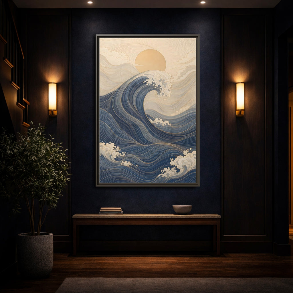 Mockup 4. Nature Ocean Wave Blue And Gold Wave shown as stretched canvas wall art