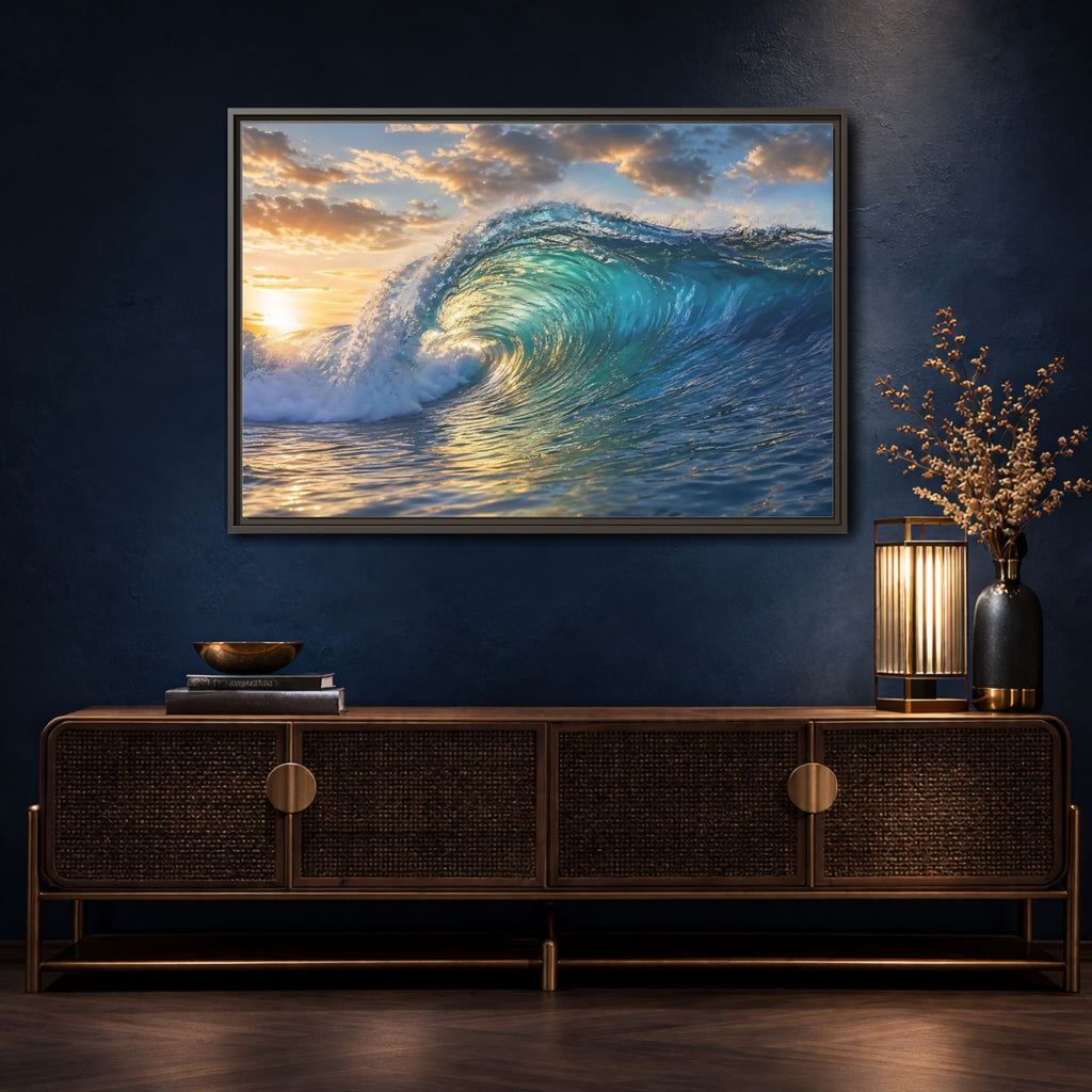 Mockup 4. Nature Ocean Wave Blue And Gold Wave shown as stretched canvas wall art