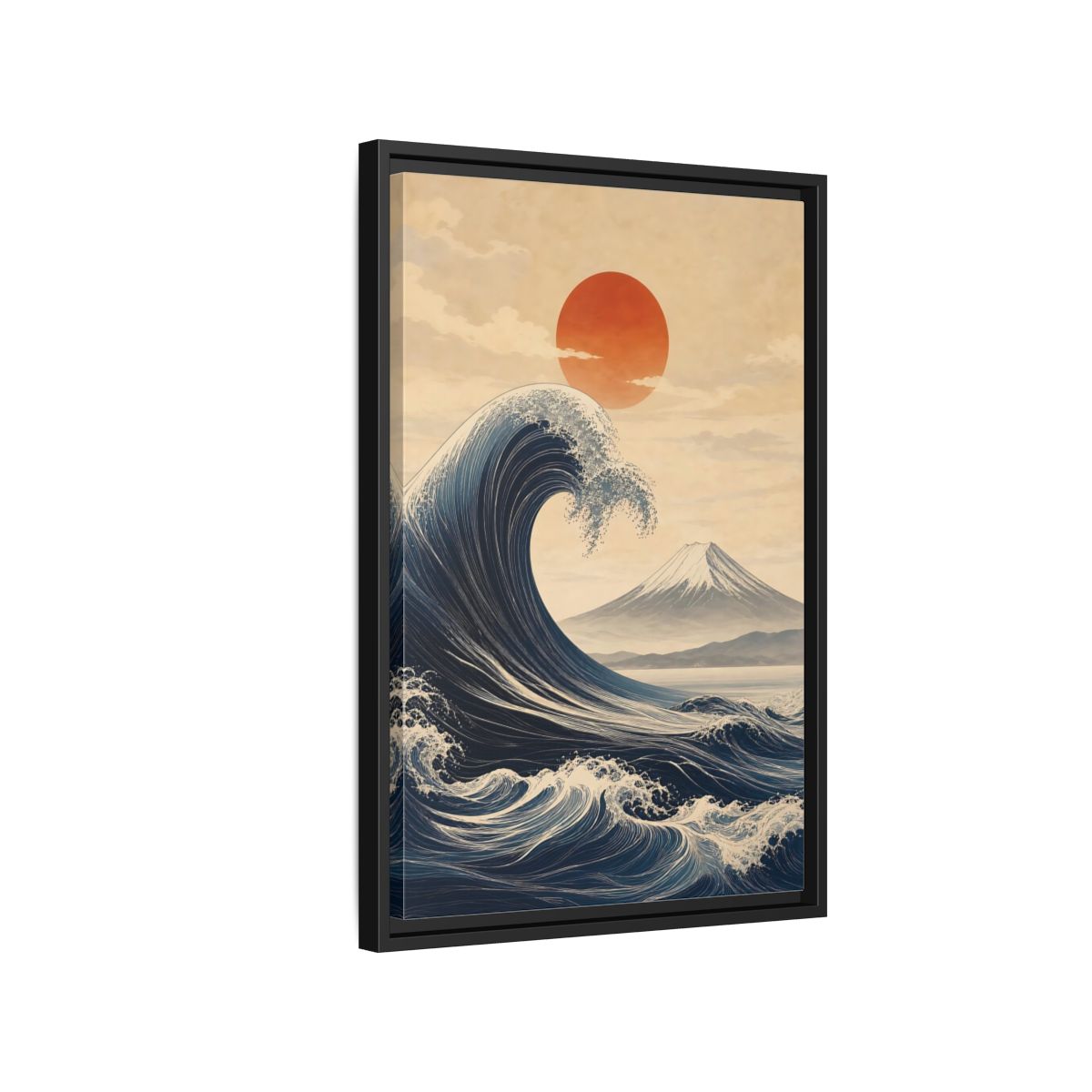 Side Mockup 3. Nature Ocean Wave Blue And Orange Landscape shown as stretched canvas wall art