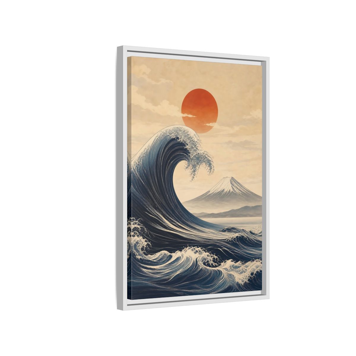 Side Mockup 1. Nature Ocean Wave Blue And Orange Landscape shown as stretched canvas wall art