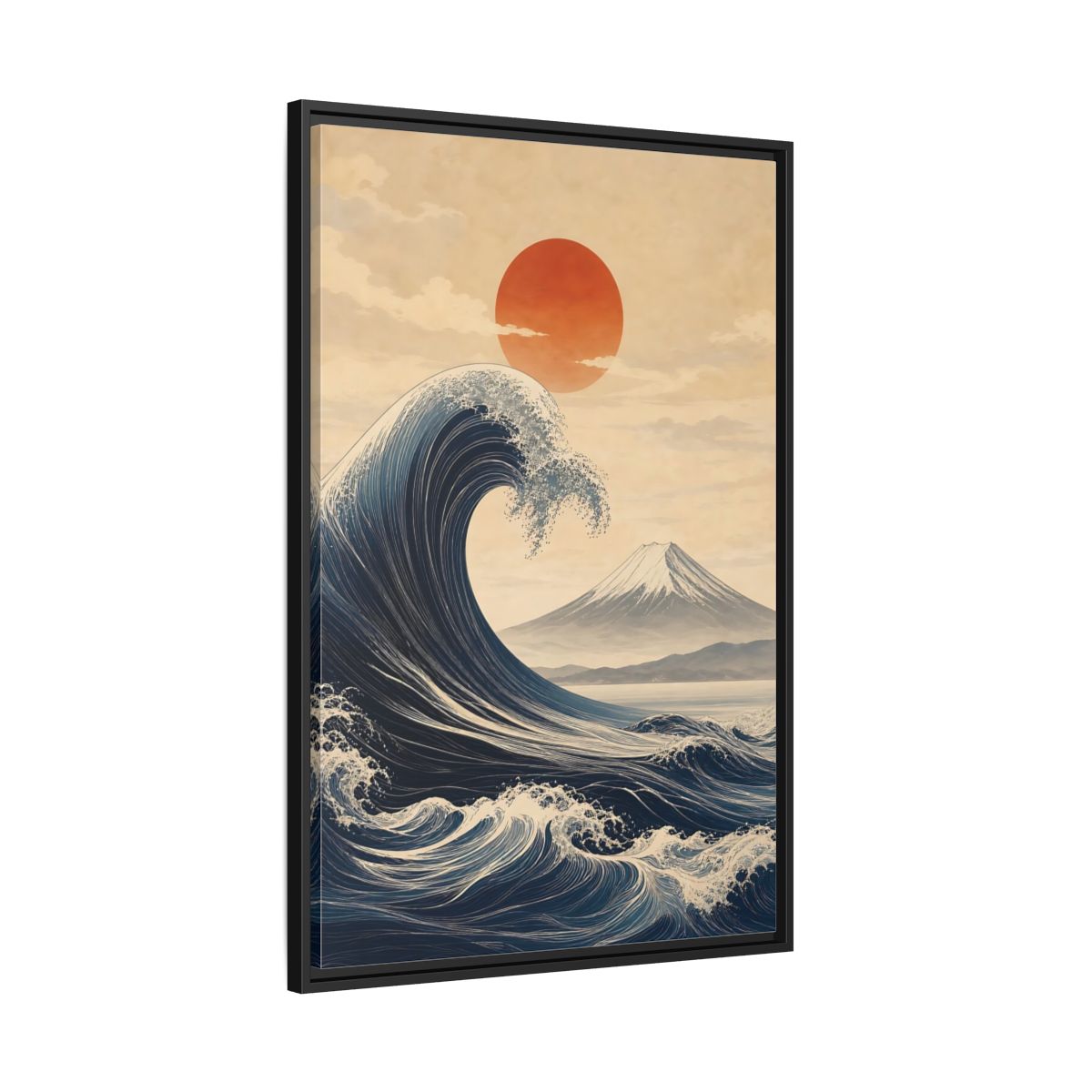 Side Mockup 13. Nature Ocean Wave Blue And Orange Landscape shown as stretched canvas wall art