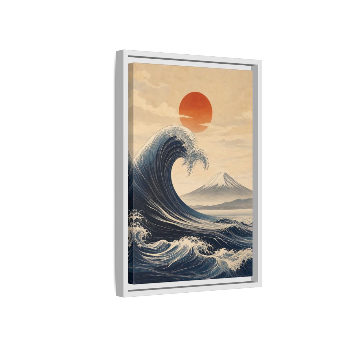 Side Mockup 4. Nature Ocean Wave Blue And Orange Landscape shown as stretched canvas wall art