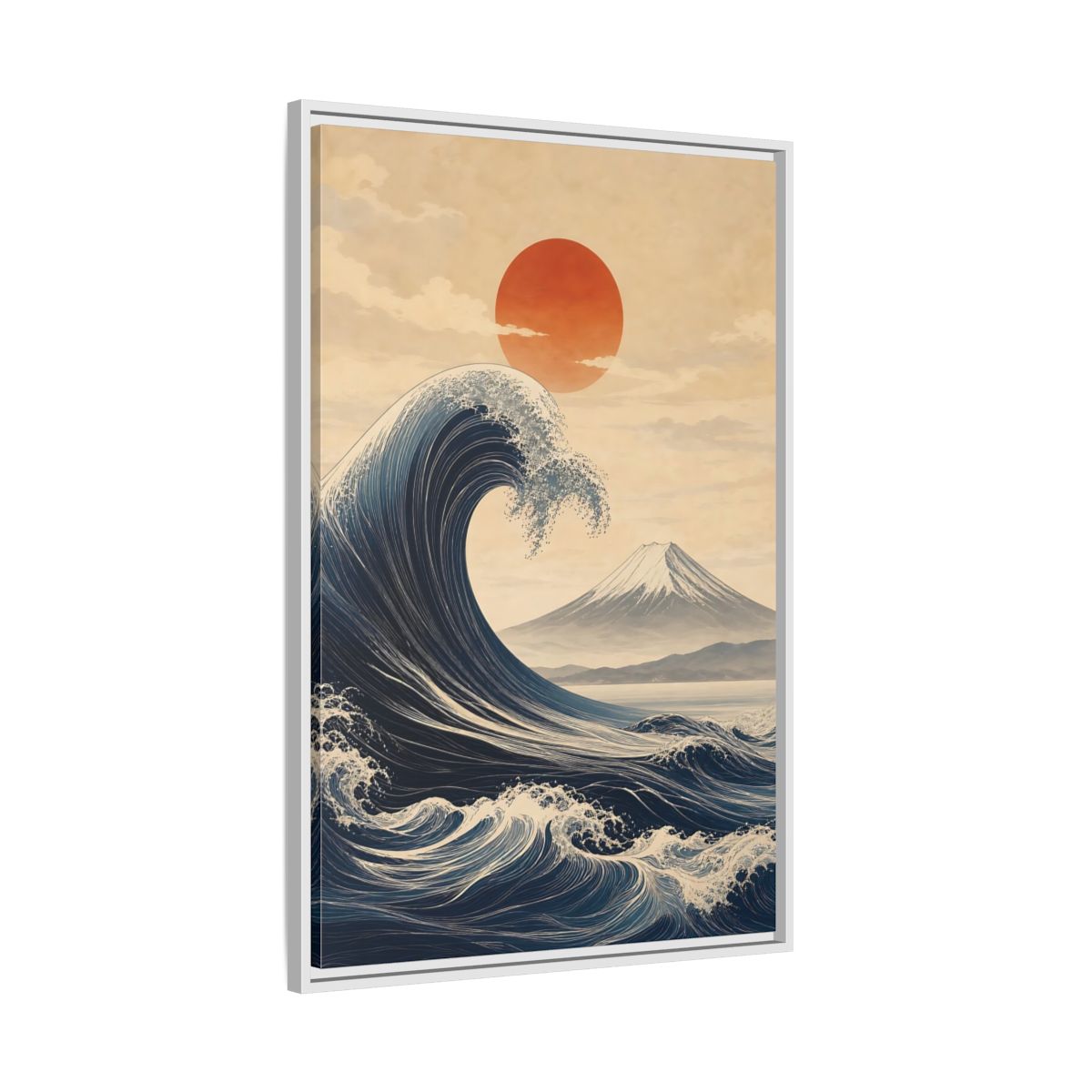 Side Mockup 9. Nature Ocean Wave Blue And Orange Landscape shown as stretched canvas wall art