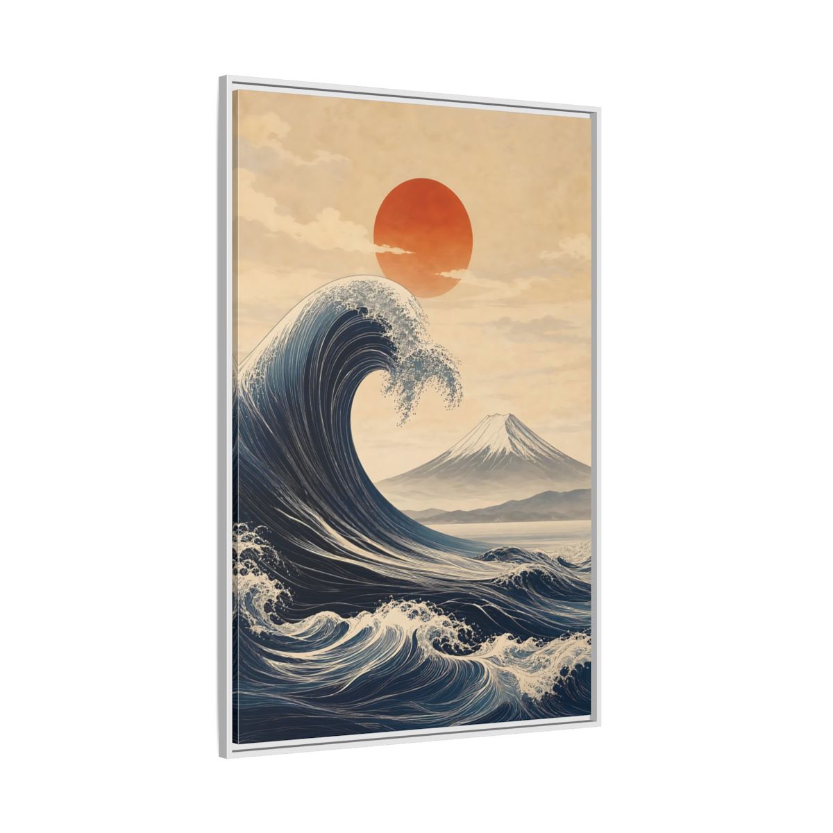 Side Mockup 7. Nature Ocean Wave Blue And Orange Landscape shown as stretched canvas wall art