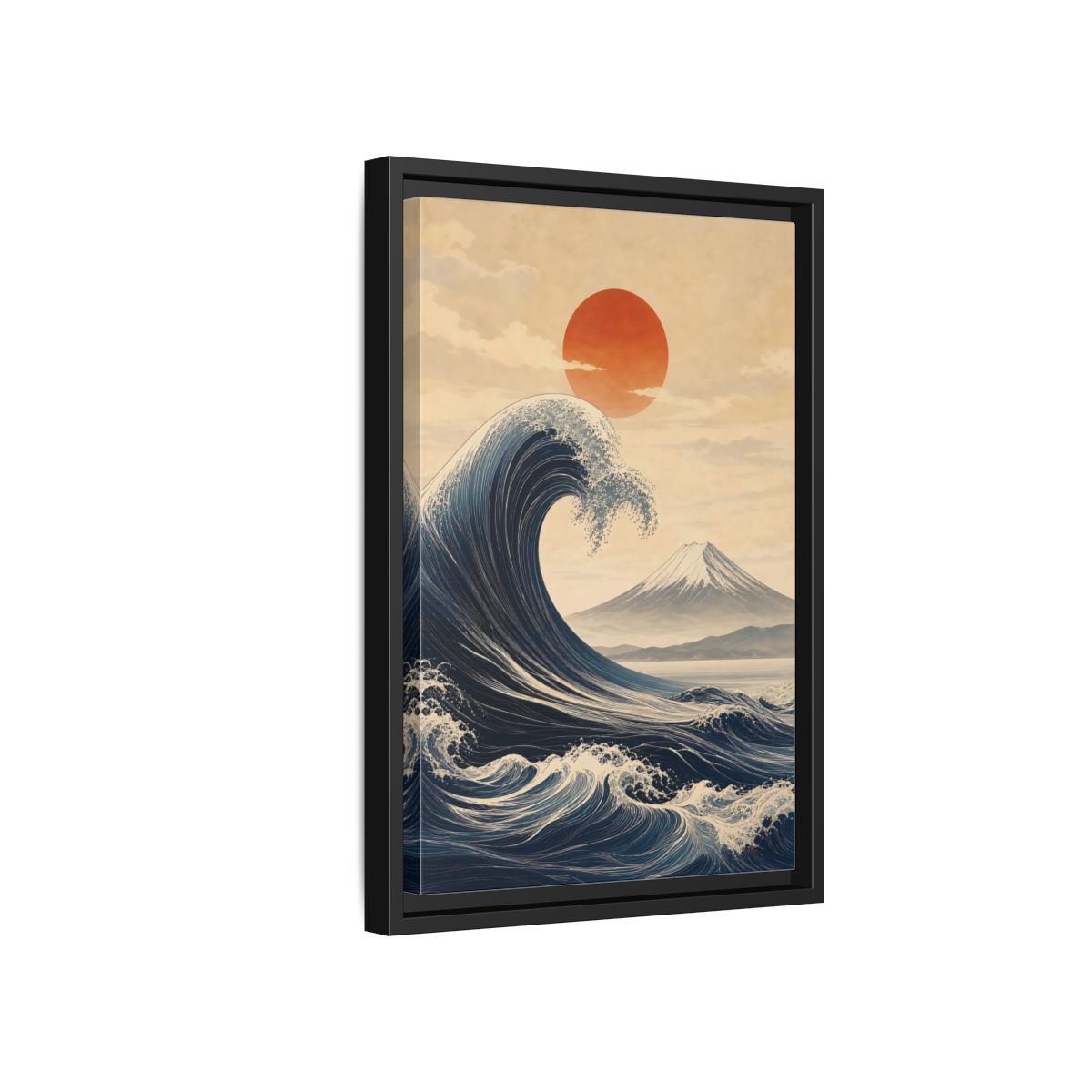 Side Mockup 6. Nature Ocean Wave Blue And Orange Landscape shown as stretched canvas wall art