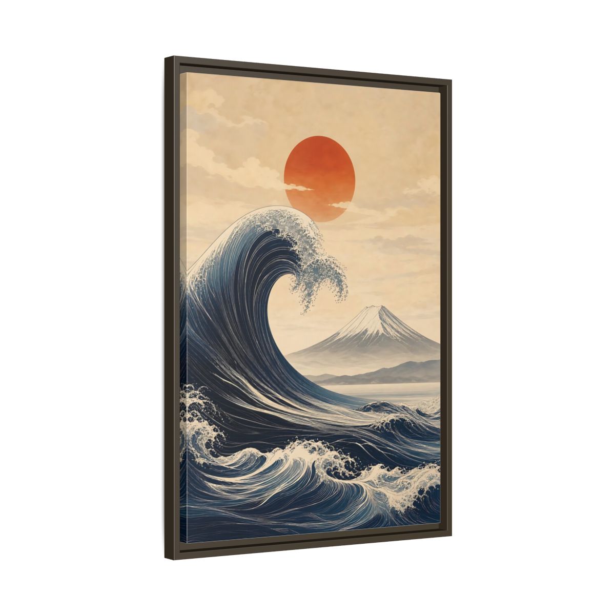 Side Mockup 11. Nature Ocean Wave Blue And Orange Landscape shown as stretched canvas wall art
