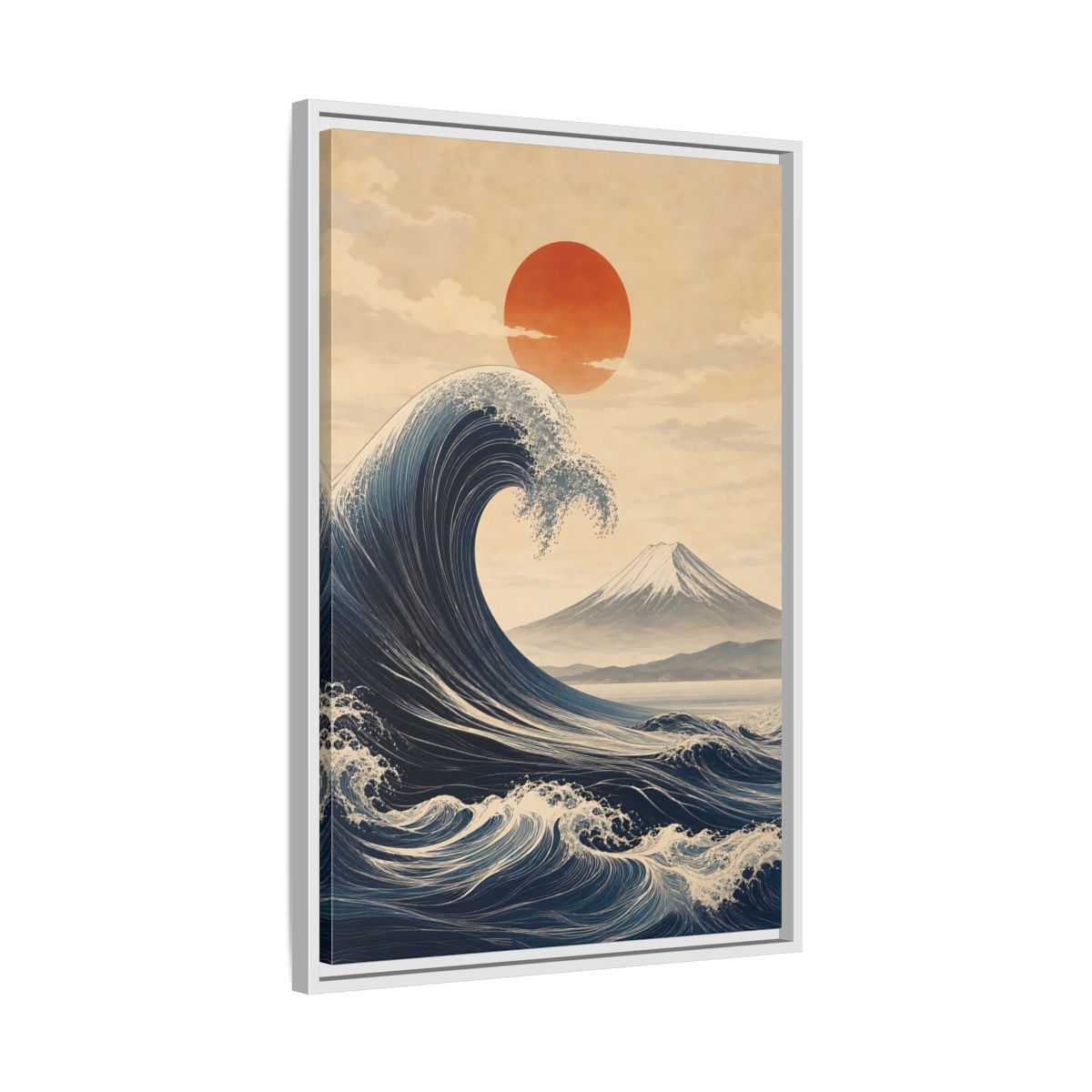 Side Mockup 10. Nature Ocean Wave Blue And Orange Landscape shown as stretched canvas wall art
