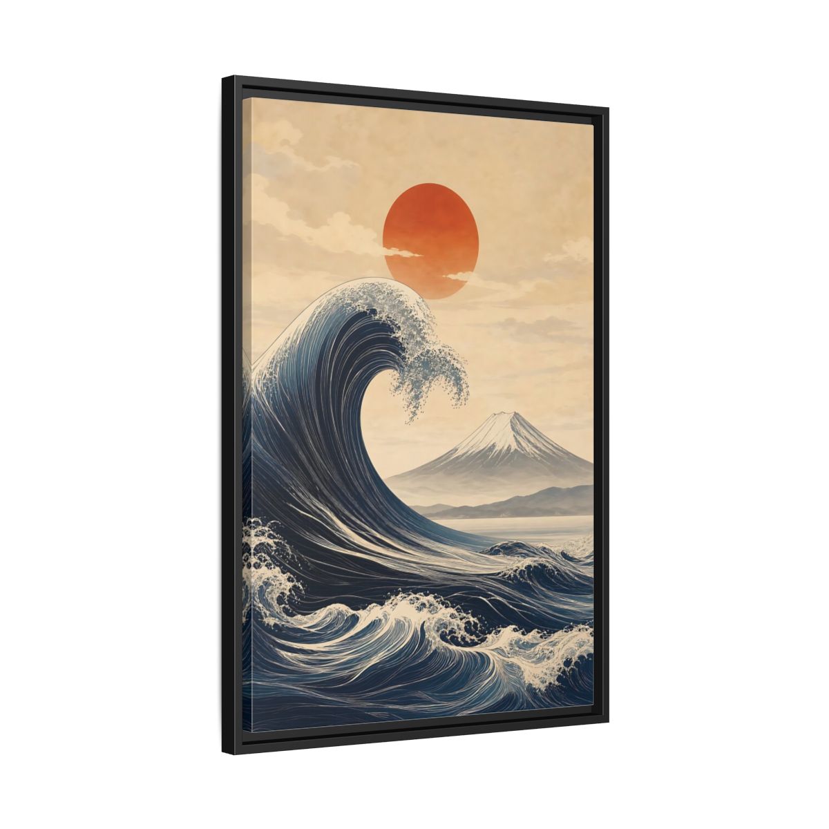 Side Mockup 14. Nature Ocean Wave Blue And Orange Landscape shown as stretched canvas wall art