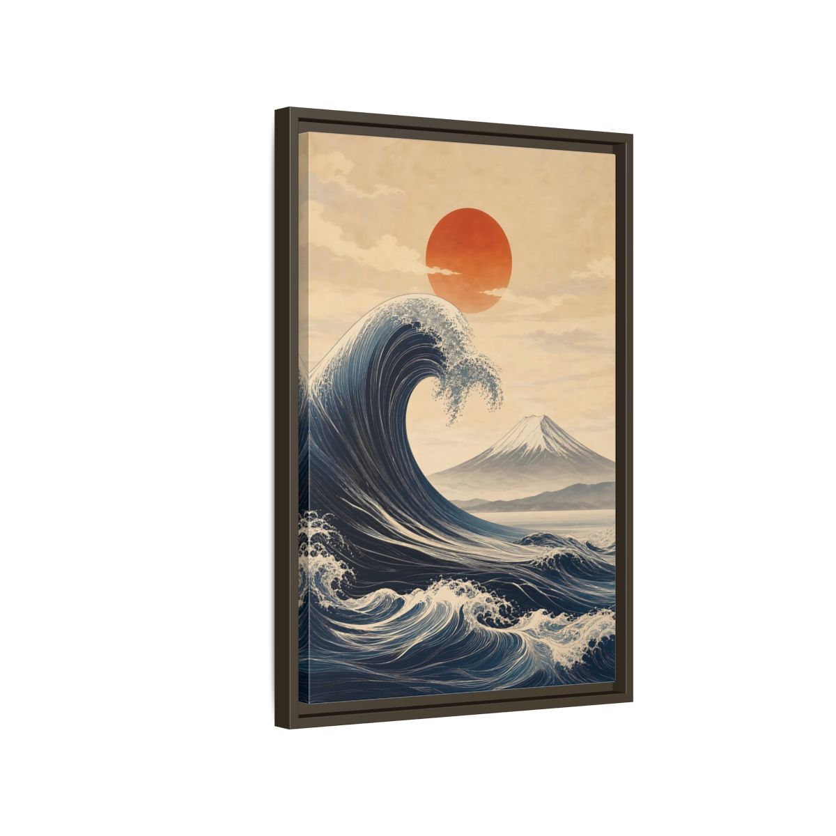 Side Mockup 2. Nature Ocean Wave Blue And Orange Landscape shown as stretched canvas wall art